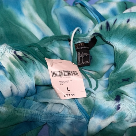 052 Forever 21 | NWT Boho Ocean Blue Tie-Dye Plunge Neck Mini Dress (Size L) - Picture 5 of 10